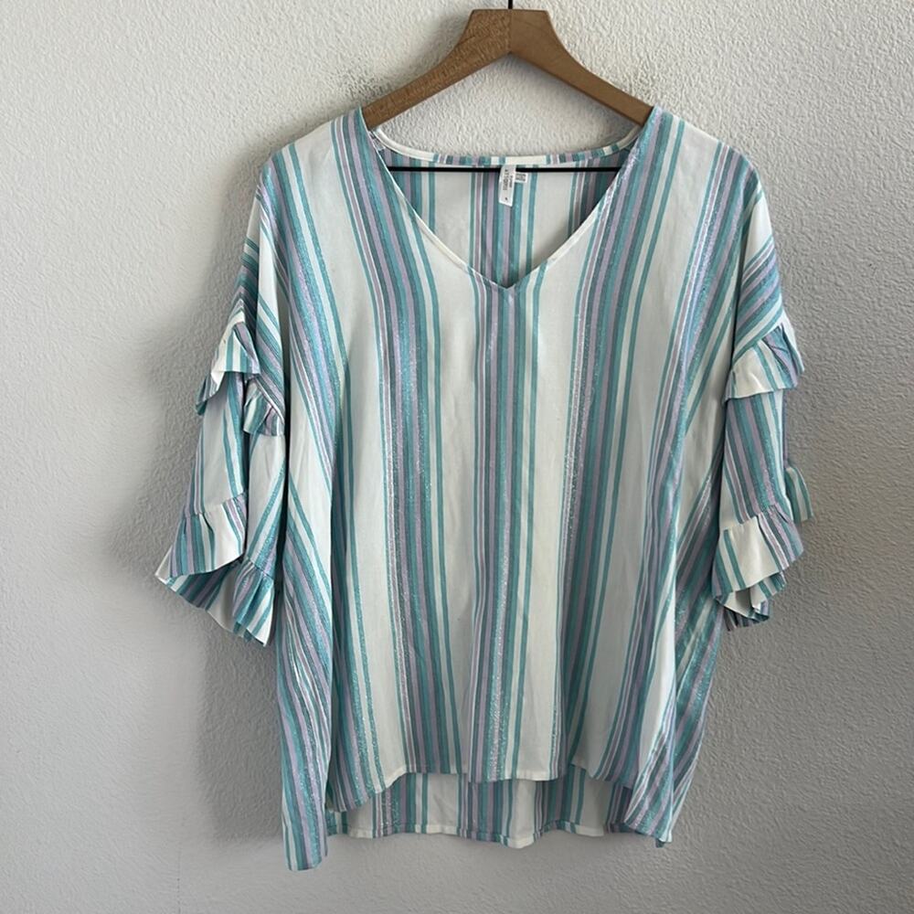 Seafolly Australia Striped Ruffle Sleeve Top Blouse Shirt Preppy Small